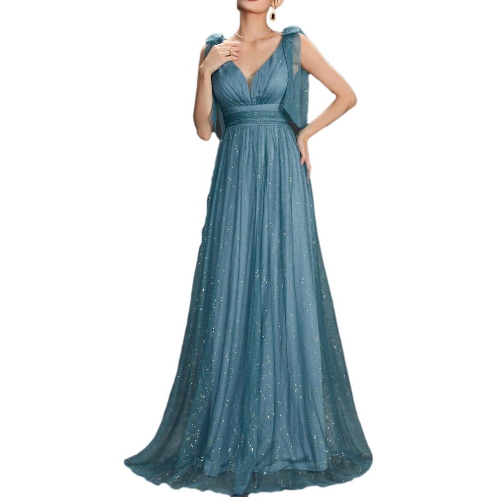 imagemeilun Sparkly Womens KnotBow Strap Formal Dress Evening Gown Wedding Guest Dress Elegant V Neck Bridesmaid Long DressAblue