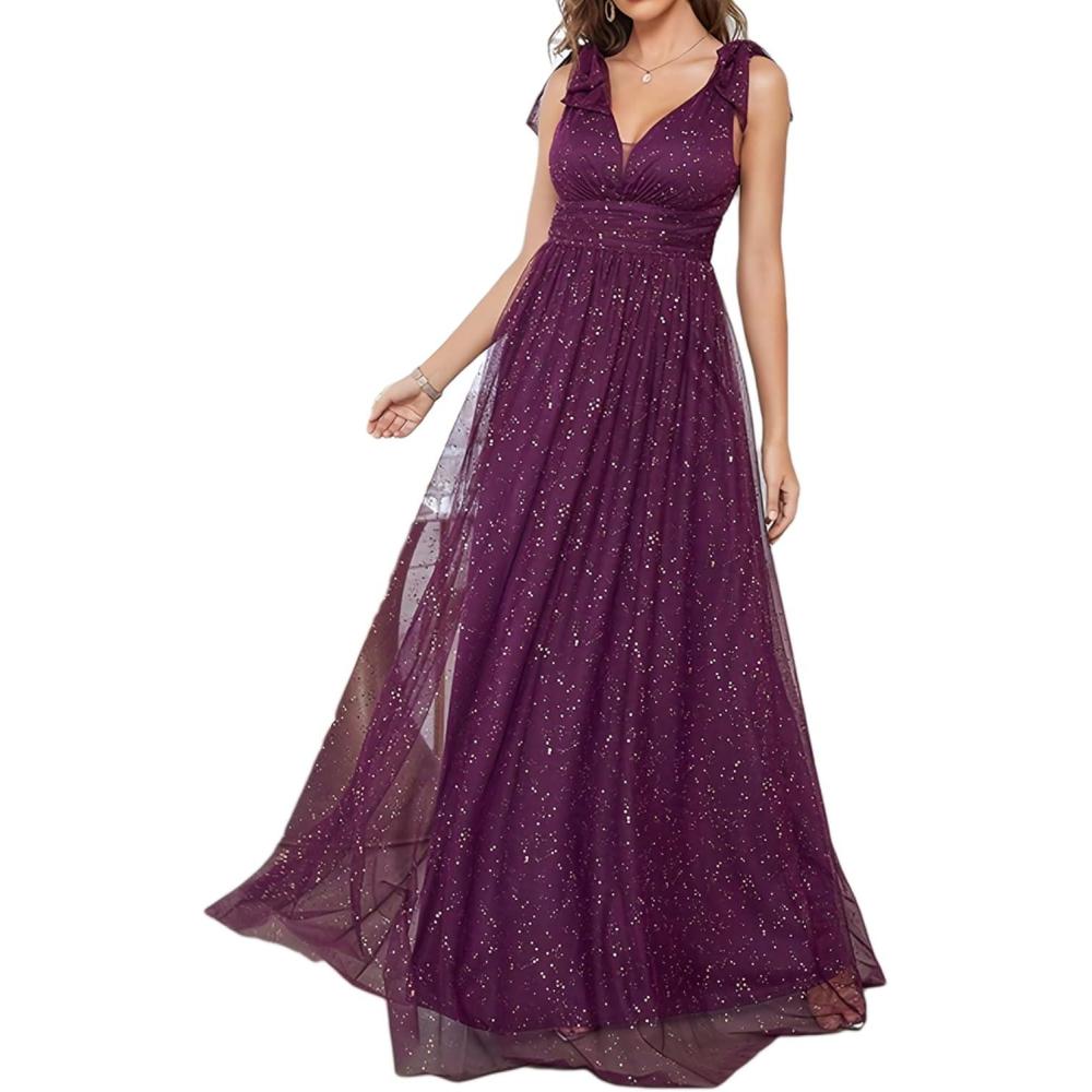 imagemeilun Sparkly Womens KnotBow Strap Formal Dress Evening Gown Wedding Guest Dress Elegant V Neck Bridesmaid Long DressApurple