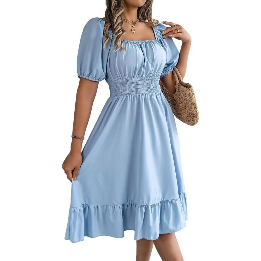 imagemeilun SquareNeck ShortSleeve Dress Fitted Waist Ruffled Aline Skirt Casual SpringFall ResortIceblue
