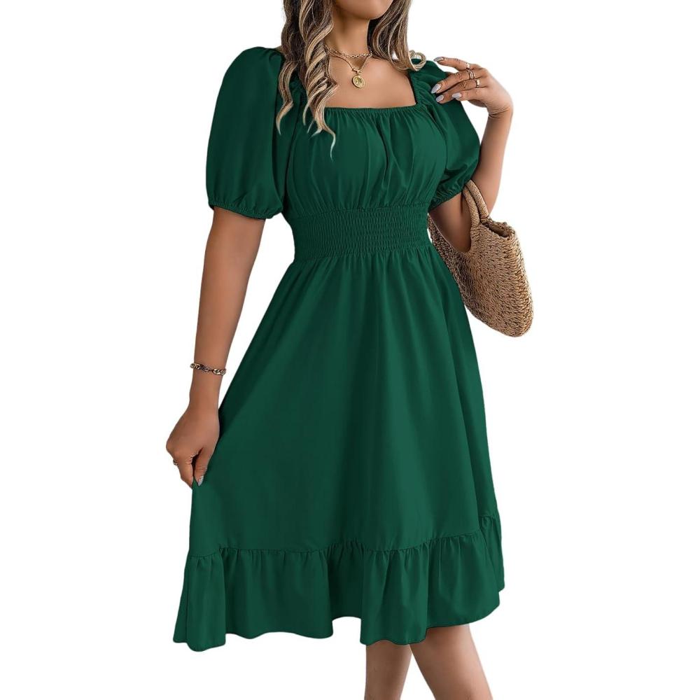 imagemeilun SquareNeck ShortSleeve Dress Fitted Waist Ruffled Aline Skirt Casual SpringFall ResortInkgreen