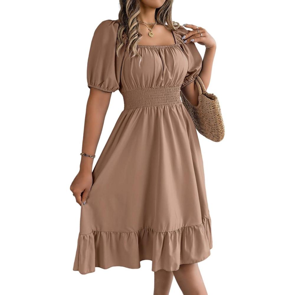 imagemeilun SquareNeck ShortSleeve Dress Fitted Waist Ruffled Aline Skirt Casual SpringFall ResortKhaki