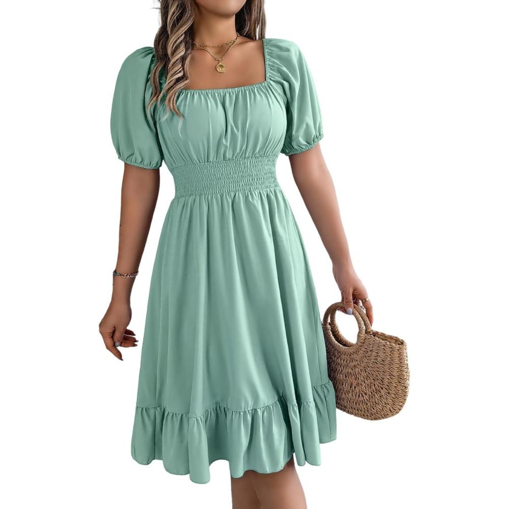 imagemeilun SquareNeck ShortSleeve Dress Fitted Waist Ruffled Aline Skirt Casual SpringFall ResortMintgreen