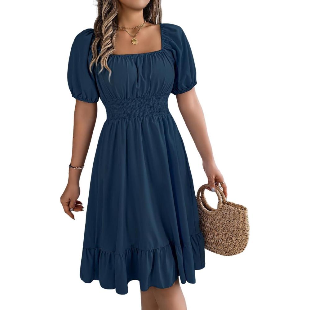 imagemeilun SquareNeck ShortSleeve Dress Fitted Waist Ruffled Aline Skirt Casual SpringFall ResortNavy
