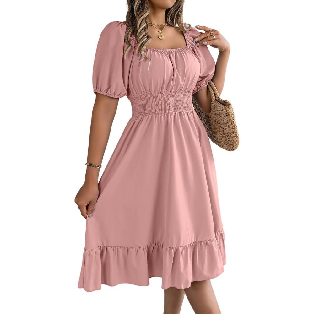 imagemeilun SquareNeck ShortSleeve Dress Fitted Waist Ruffled Aline Skirt Casual SpringFall ResortPink