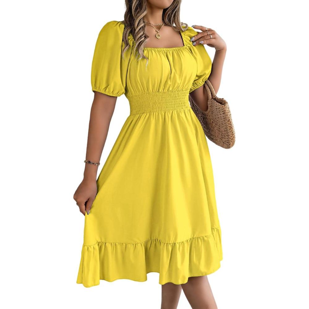 imagemeilun SquareNeck ShortSleeve Dress Fitted Waist Ruffled Aline Skirt Casual SpringFall ResortYellow