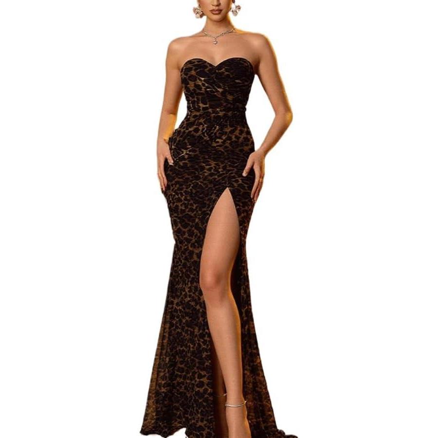 imagemeilun Strapless Leopard Print Dress HighWaisted HighSlit Cocktail Gown Long Evening DressBrown