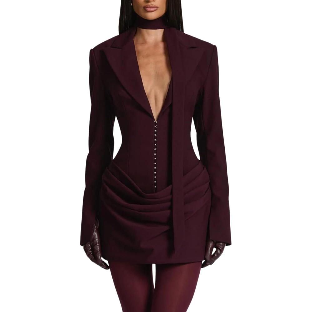 imagemeilun Tailored Collar Dress LongSleeved Fitted Dress Distinctive Style AutumnWinterWine