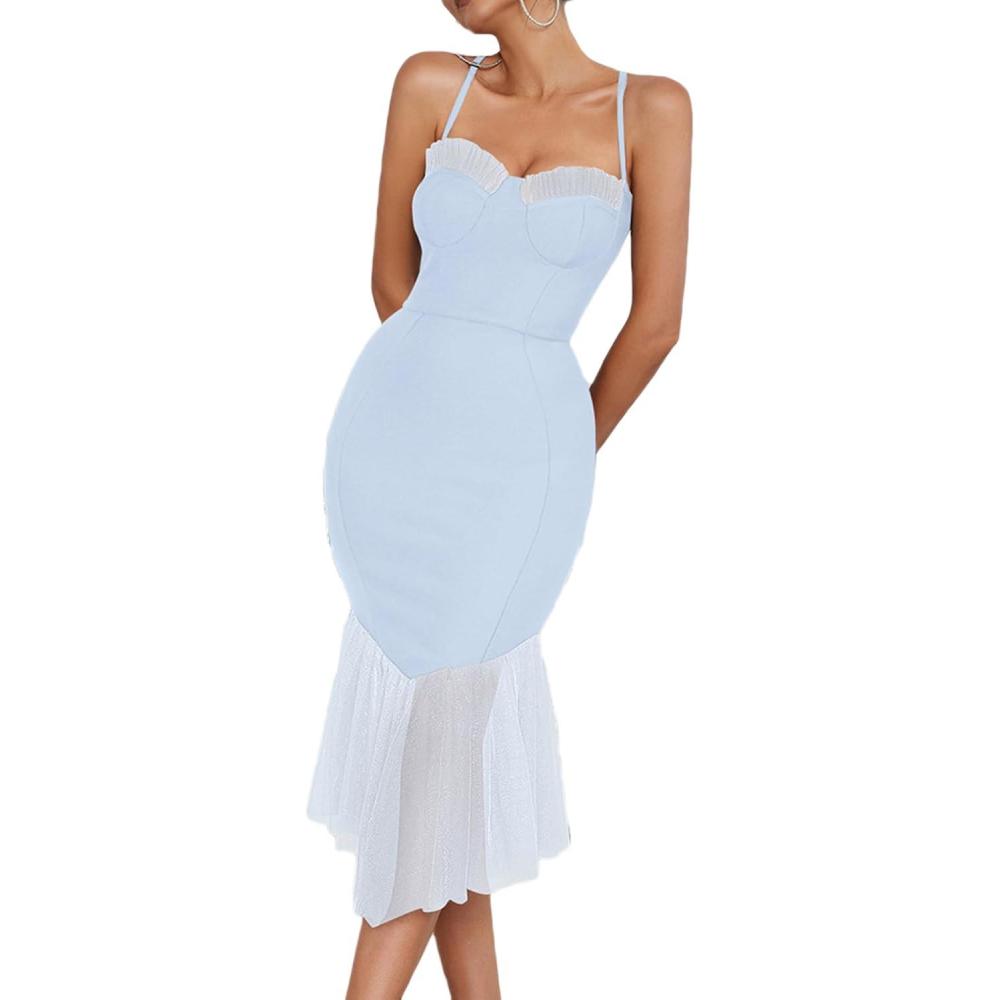 imagemeilun Women Mesh Fishtail Formal Dress Spaghetti Strap Midi Dress Fitted Bandage Dress for Wedding GuestAlightblue