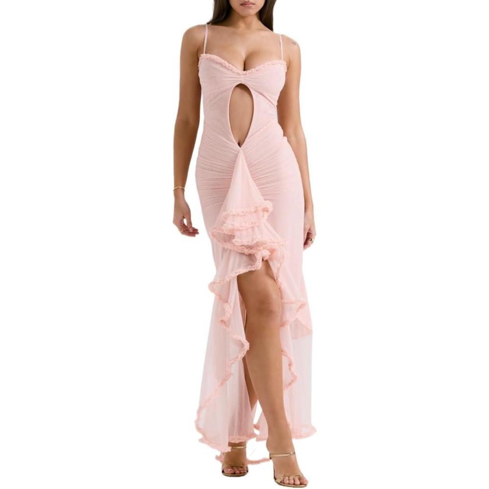 imagemeilun Womens Cowl Neck Ruffle Wedding Guest Dress Mesh Slit Bodycon Cocktail Party Maxi DressBpink