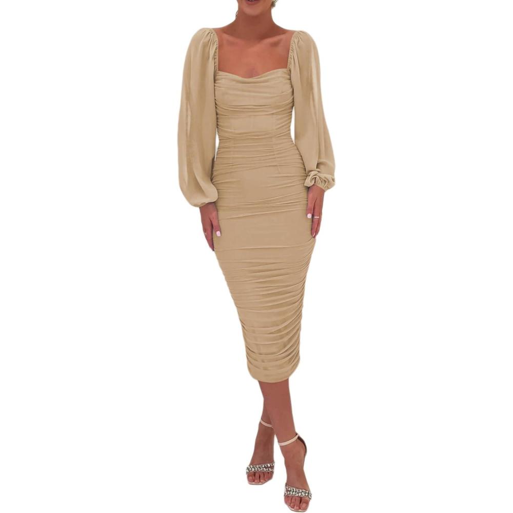 imagemeilun Womens Mesh Bodycon Wedding Guest Dress Elegant Long Sleeve Square Neck Ruched Cocktail Party Midi DressAbeige