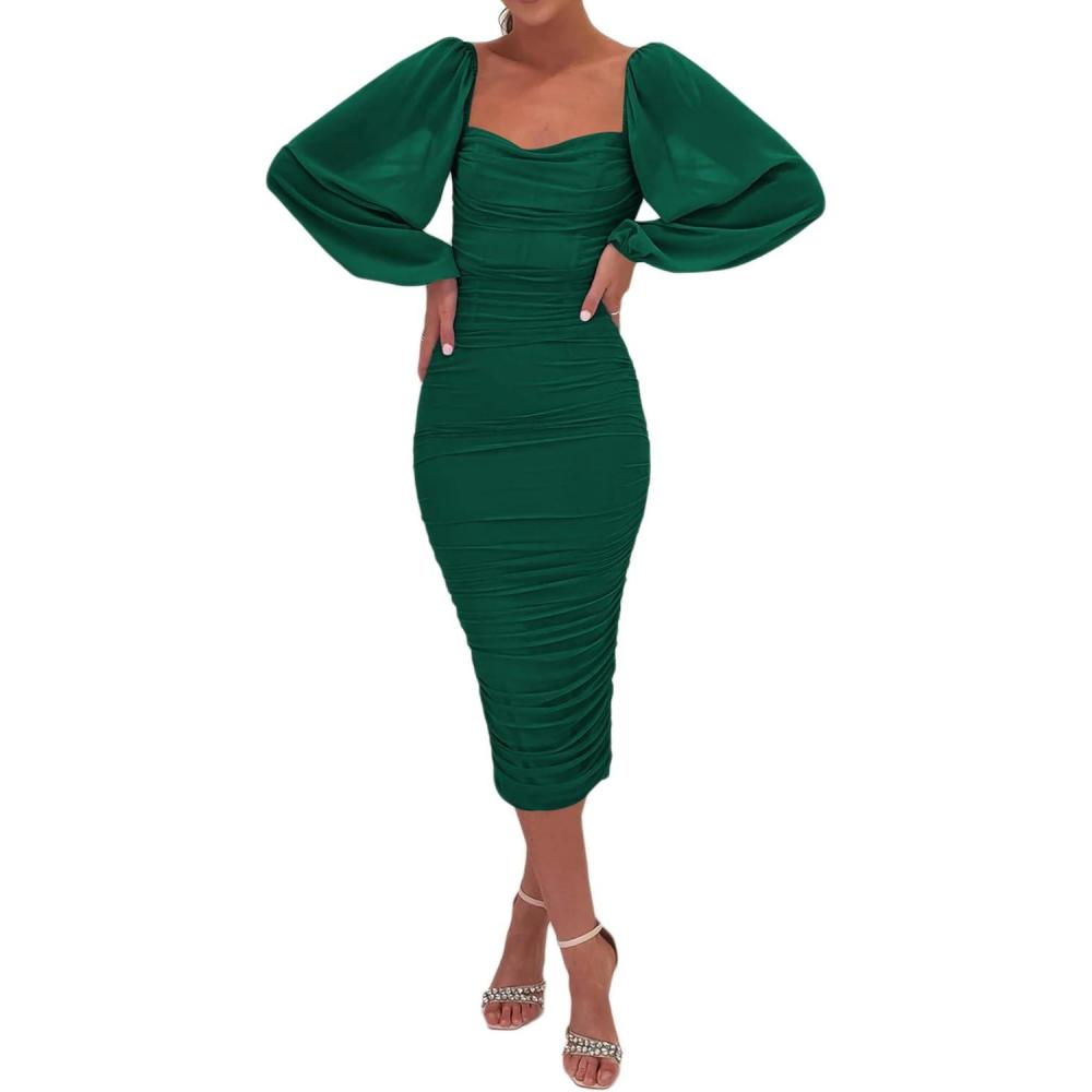 imagemeilun Womens Mesh Bodycon Wedding Guest Dress Elegant Long Sleeve Square Neck Ruched Cocktail Party Midi DressAgreen