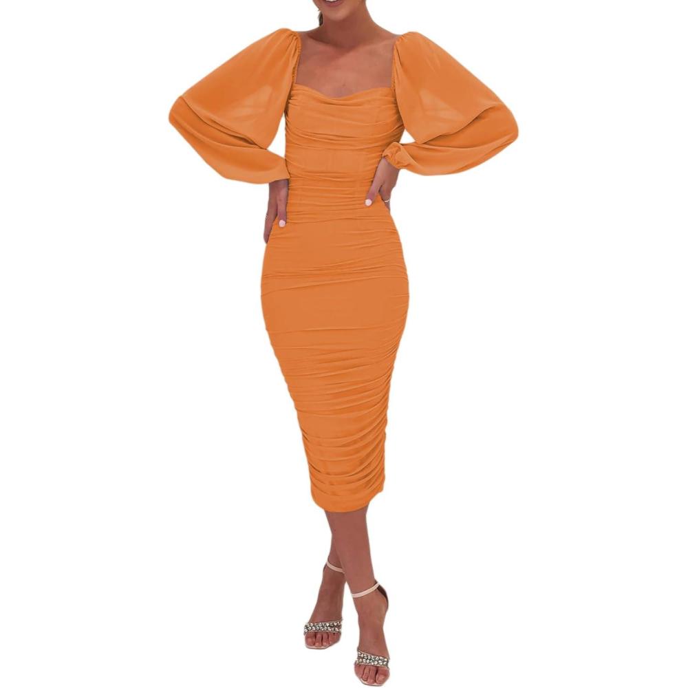 imagemeilun Womens Mesh Bodycon Wedding Guest Dress Elegant Long Sleeve Square Neck Ruched Cocktail Party Midi DressAorangeyellow