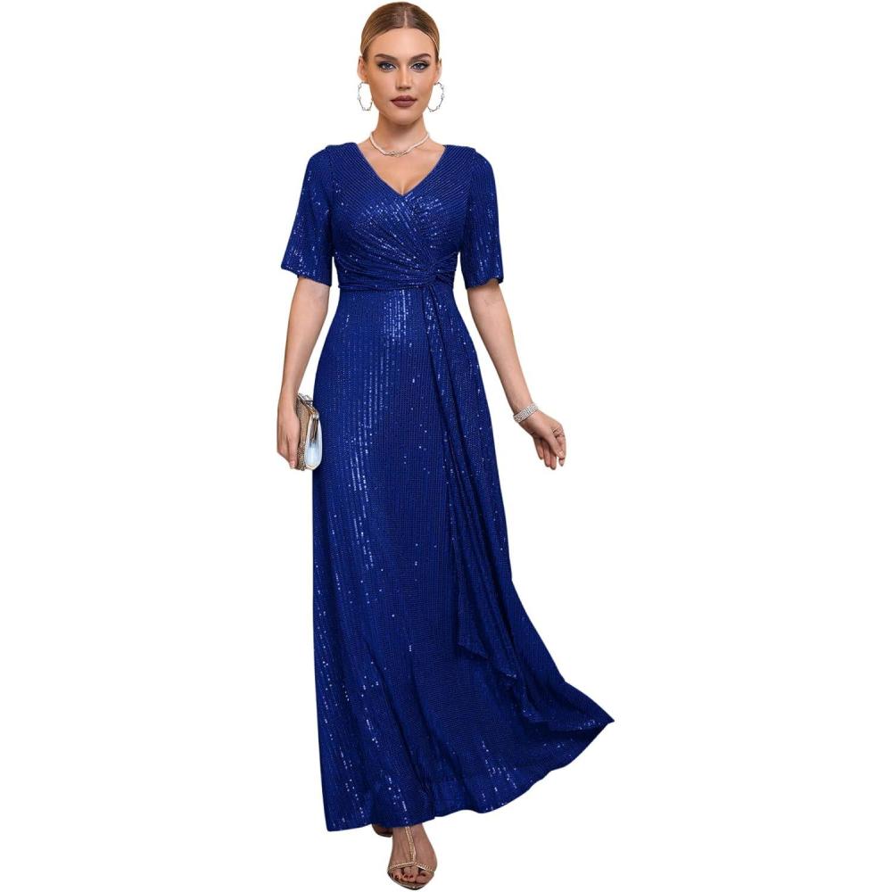 imagemeilun Womens Short Sleeve Sequin Dress Evening Gowns Formal Sparkly V Neck Maxi Dress for Wedding GuestAblue