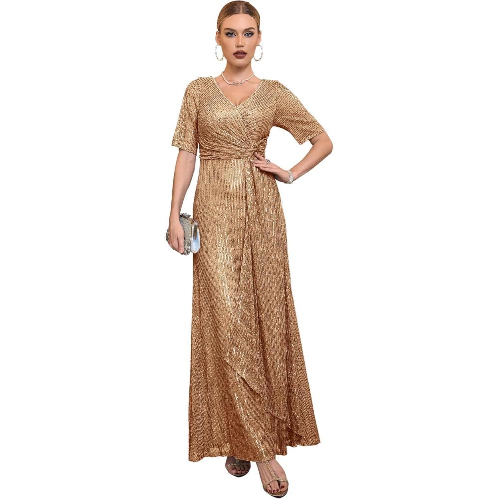 imagemeilun Womens Short Sleeve Sequin Dress Evening Gowns Formal Sparkly V Neck Maxi Dress for Wedding GuestAchampagne