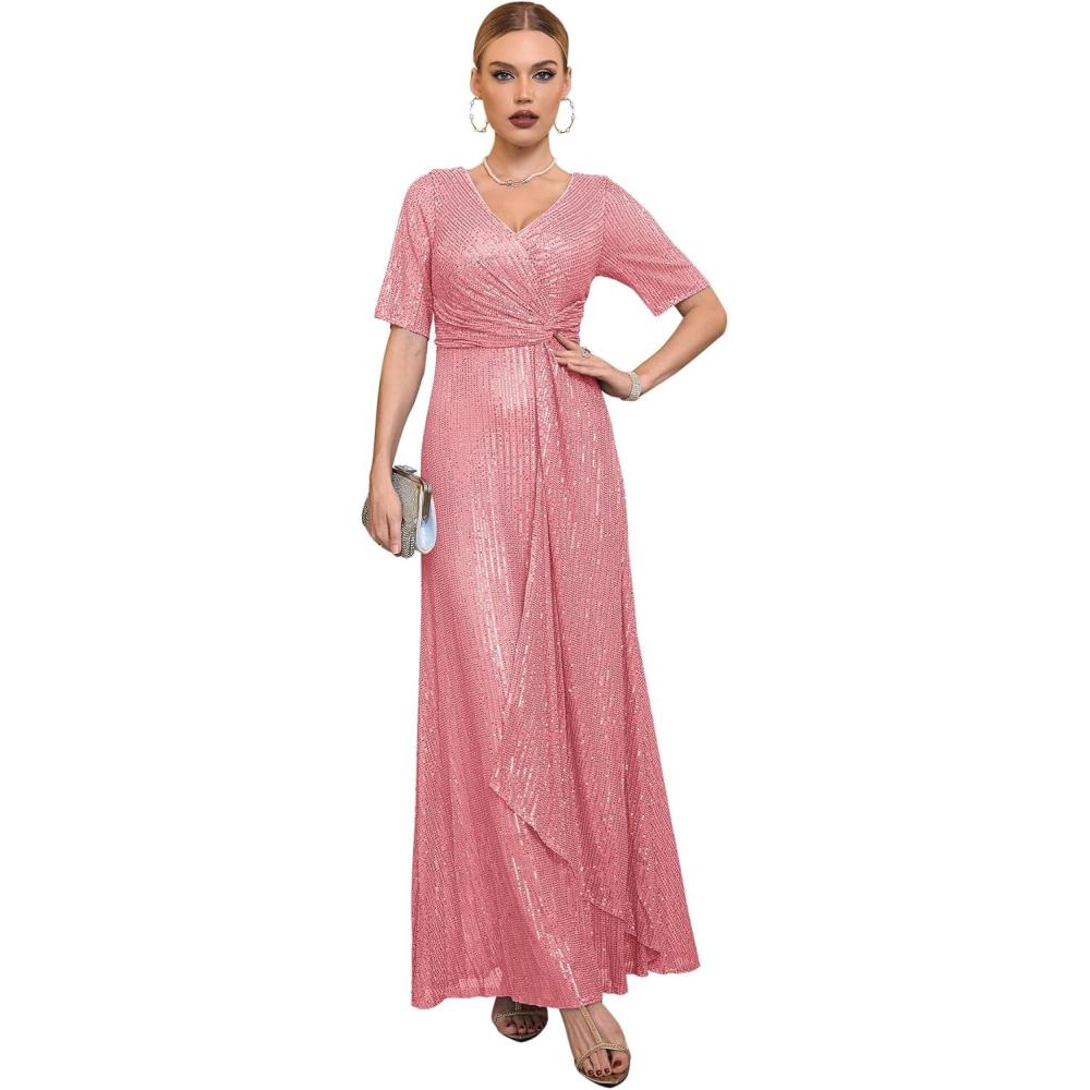 imagemeilun Womens Short Sleeve Sequin Dress Evening Gowns Formal Sparkly V Neck Maxi Dress for Wedding GuestApink