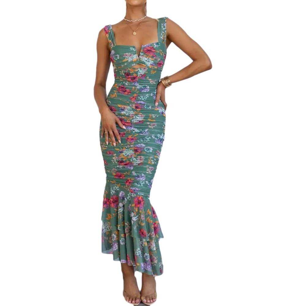 imagemeilun Womens Shoulder Strap Wedding Guest Dress Ruched Mesh Bodycon Party Fishtail Maxi DressAgreenfloral