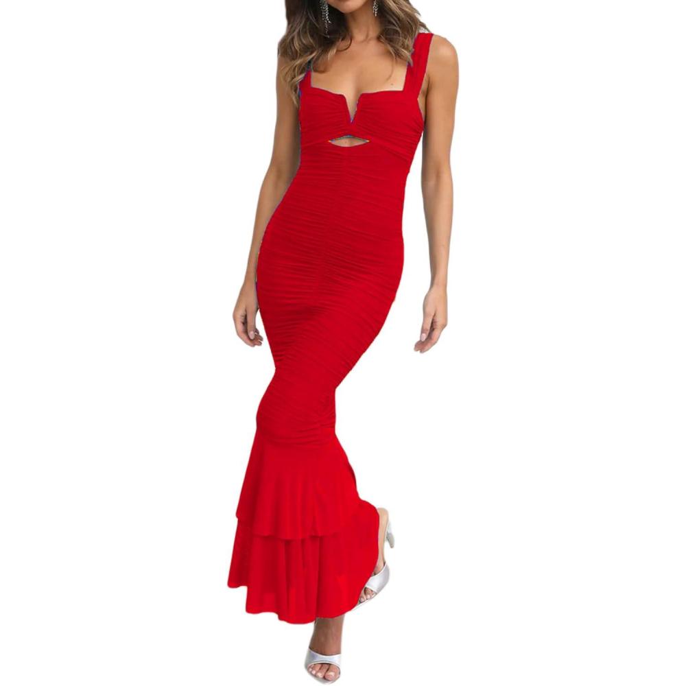 imagemeilun Womens Shoulder Strap Wedding Guest Dress Ruched Mesh Bodycon Party Fishtail Maxi DressAred