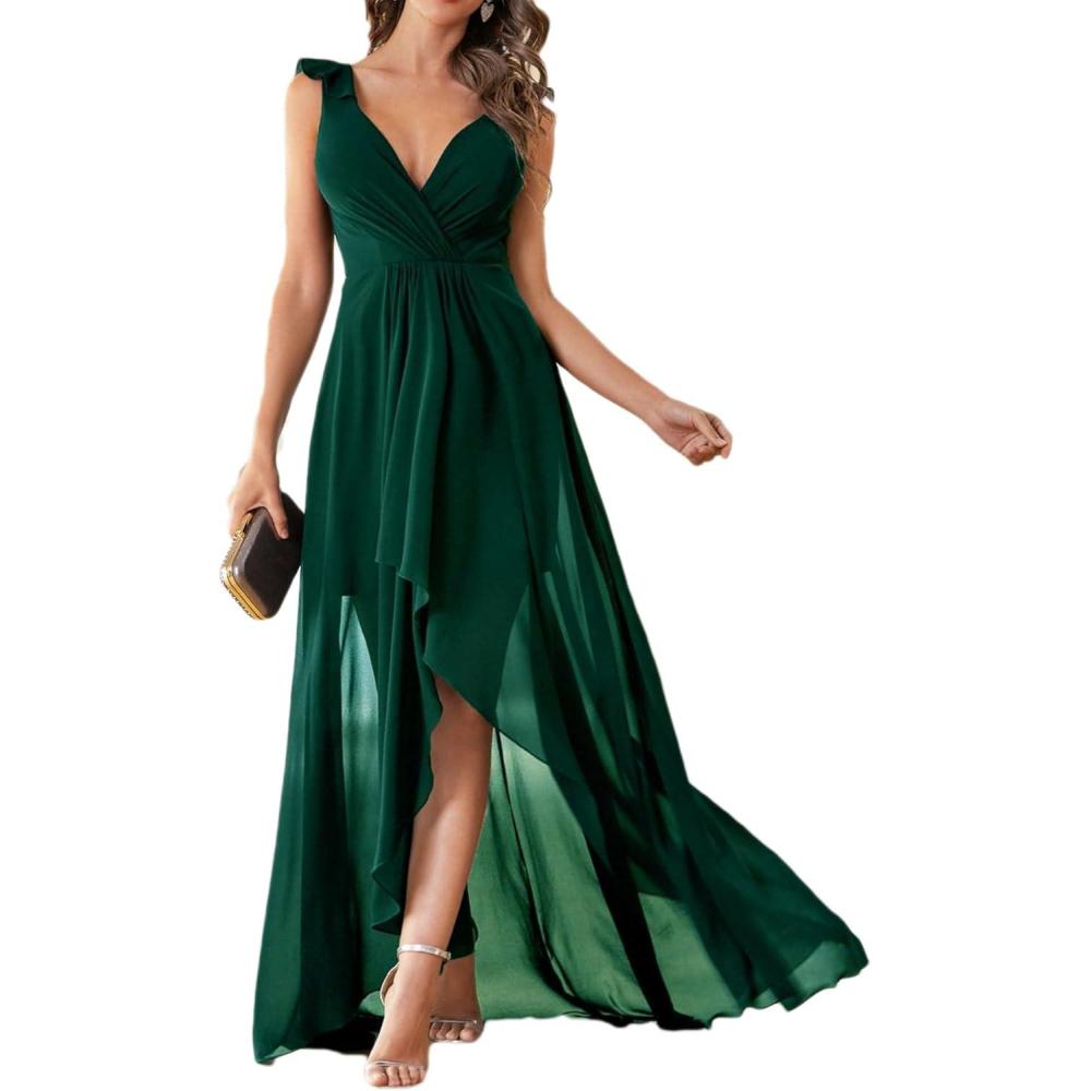 imagemeilun Womens Sleeveless Dresses for Wedding Double VNeck Aline Ruffle Formal Evening DressAgreen