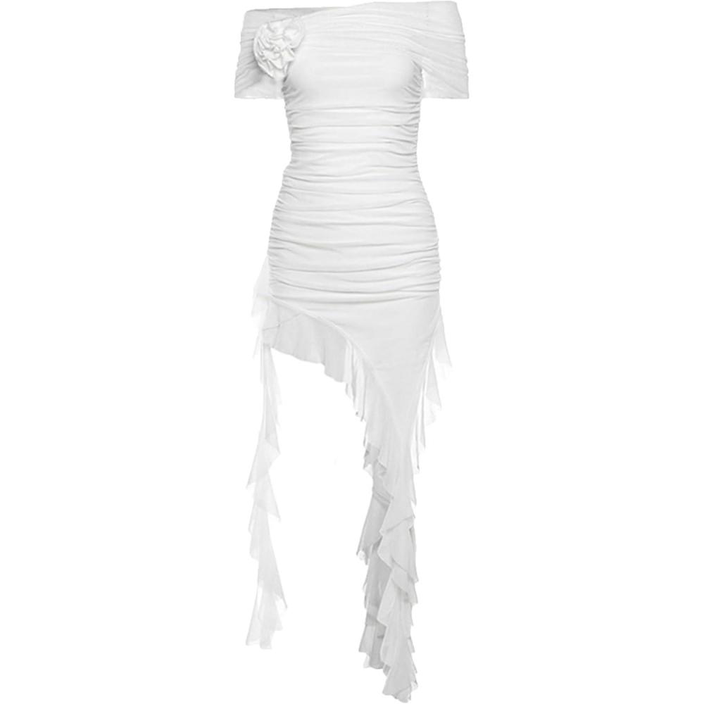 imagemeilun Womens Summer Off Shoulder Ruched Ruffle Bodycon Dress Flowy Sleeveless Wrinkcle Party Club Cocktail Short DressesAwhite