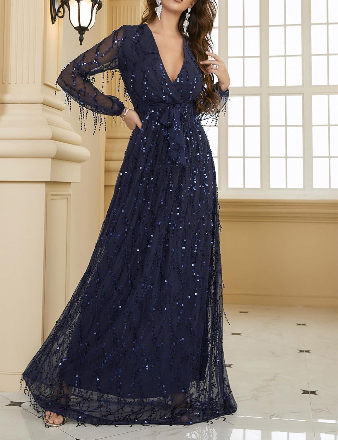 imagemeilun Long Sleeve Sequins Formal Prom Evening Gowns Elegant V Neck Tassel Maxi DressAnavy