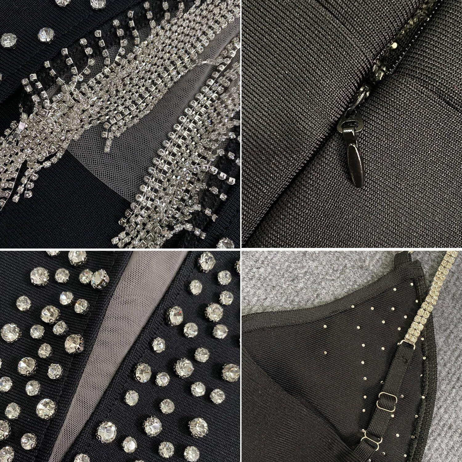 imagemeilun Rhinestones Spaghetti Srap Long Evening Dress Mesh VNeck Slit Bandage Dress Wedding Guest DressABlackL