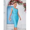 Mesh One Shoulder Bow Bodycon Midi Graduation Birthday Dinner Dress Bandage Party Dress(A-skyblue)
