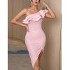 One Shoulder Ruffle Wedding Guest Dress Side Split Bodycon Bandage Cocktail Party Dress Birthday Dinner Dress(A-pink)