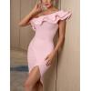 One Shoulder Ruffle Wedding Guest Dress Side Split Bodycon Bandage Cocktail Party Dress Birthday Dinner Dress(A-pink)