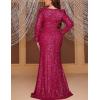 Plus Size Long Sleeve Sequin Formal Evening Dress Square Neck Mermaid Night Party Dresses(A-hotpink)