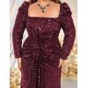 Plus Size Long Sleeve Sequin Formal Evening Dress Square Neck Mermaid Night Party Dresses(A-wine)
