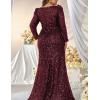 Plus Size Long Sleeve Sequin Formal Evening Dress Square Neck Mermaid Night Party Dresses(A-wine)