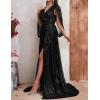 Plus Size Sequins Dress Flare Sleeve V Neck Maxi Dress Side Split Formal Prom Eevening Gowns(A-black)