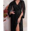 Plus Size Sequins Dress Flare Sleeve V Neck Maxi Dress Side Split Formal Prom Eevening Gowns(A-black)