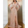 Plus Size Sequins Dress Flare Sleeve V Neck Maxi Dress Side Split Formal Prom Eevening Gowns(A-champagne)