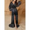 Sequins Maxi Dress Long Sleeve Chiffon V-Neck Split Waist Banquet Evening Dress(B-black)