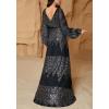 Sequins Maxi Dress Long Sleeve Chiffon V-Neck Split Waist Banquet Evening Dress(B-black)