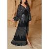 Sequins Maxi Dress Long Sleeve Chiffon V-Neck Split Waist Banquet Evening Dress(B-black)