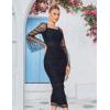 Women’s Mesh Long Sleeve Pleated Party Dress Lace Midi Swing Chiffon Dresses(Black)