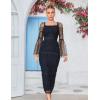 Women’s Mesh Long Sleeve Pleated Party Dress Lace Midi Swing Chiffon Dresses(Black)