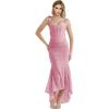 Elegant Lace Bodycon Fishtail Dress Fishbone Dress Shoulder Strap Ruched Midi Dress for Women(Pink)