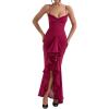 Elegant Mesh Wedding Guest Dress Flowy Ruffle Bodycon Maxi Dress Fishtail Long Formal Dress(B-wine)