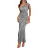 Elegant Sequin Dresses for Wedding Guest One Shoulder Dress for Women with Bead Maxi Formal Gowns(A-grey)