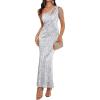 Elegant Sequin Dresses for Wedding Guest One Shoulder Dress for Women with Bead Maxi Formal Gowns(A-silver)