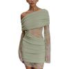 Lace Knit Mini Dress Patchwork One Shoulder Cutout Hottie Knit Home Coming Short Dresses(Green)
