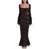 Lace Maxi Dress Sheath Long Backless Bag Hip Long Flared Sleeve Dresses(B-black)