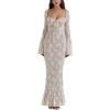 Lace Maxi Dress Sheath Long Backless Bag Hip Long Flared Sleeve Dresses(White2)