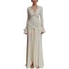 Lace V-Neck Long-Sleeved Dress with Patchwork Details Casual Autumn/Winter Maxi Dress(White)