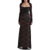 Long-Sleeved Strapless lace Lace-Trim Pleated Tie-Waist Dress Party Evening Gown(Balck)