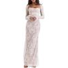 Long-Sleeved Strapless lace Lace-Trim Pleated Tie-Waist Dress Party Evening Gown(White)