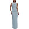 Mesh Maxi Dress Round Neck Backless Pleated Sleeveless Split Slim Evening Gowns(Blue)